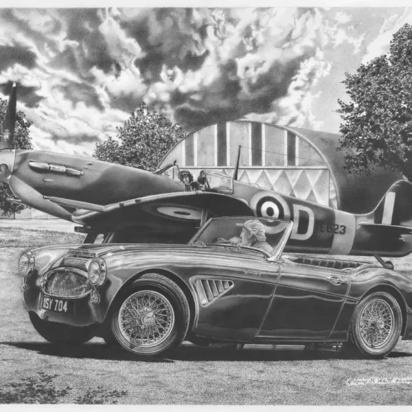 Detailed graphite pencil drawing of a classic Austin-Healey 3000 roadster parked in front of a WWII Supermarine Spitfire airplane.