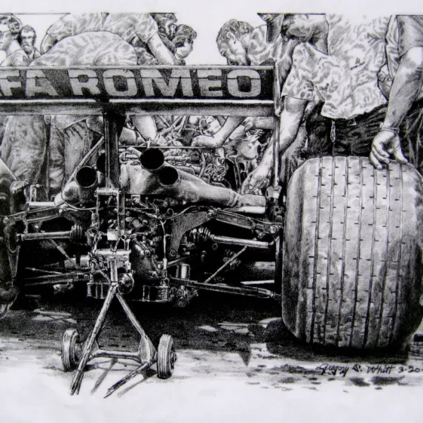 Detailed pen and ink drawing of the Brabham BT48 Alfa Romeo F1 car rear assembly with pit crew.