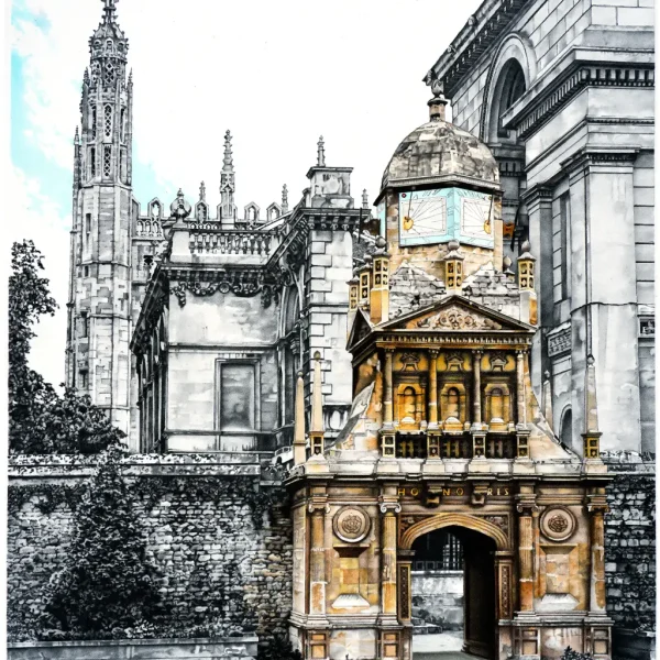 Gouache painting of the Gate of Honour at Gonville and Caius College Cambridge featuring the sundial tower and Renaissance architecture.