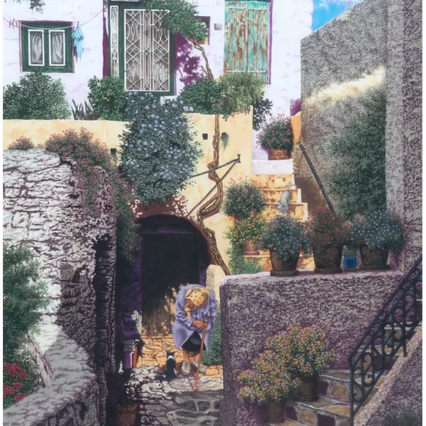 Detailed Mediterranean architectural painting of a stone alley in Santorini with an elderly woman and cats.