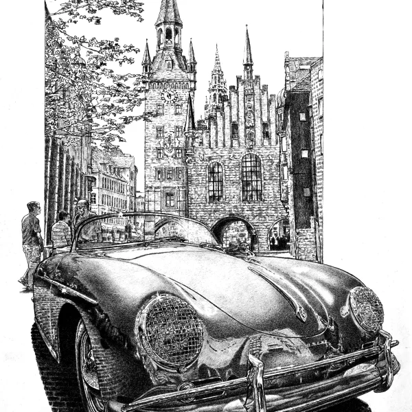 1955 Porsche Speedster in Munich, Germany – Original Pencil Illustration