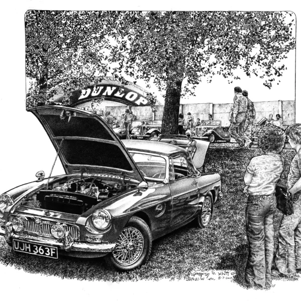 1968 MGB at Donington Raceway, England Drawing in Pencil