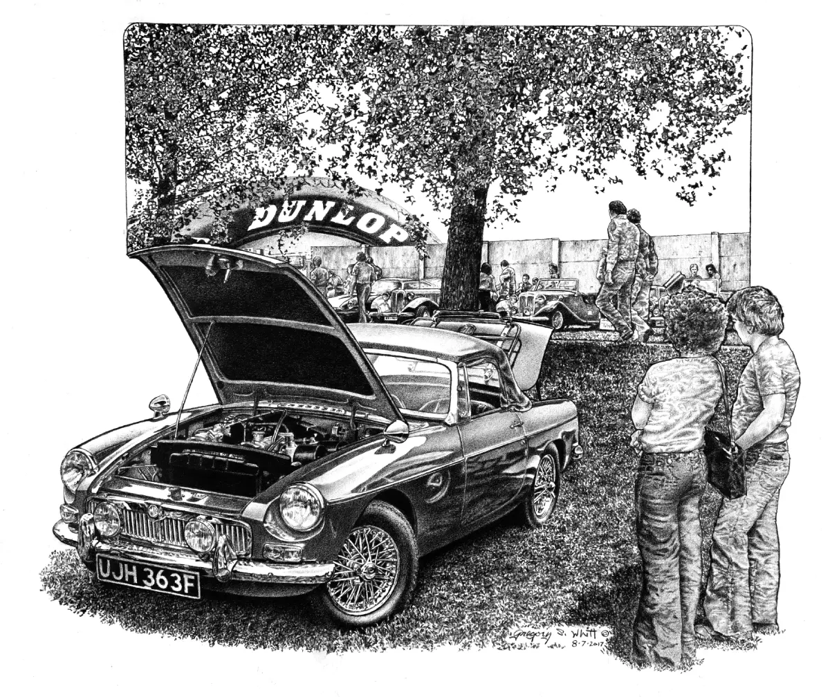 1968 MGB at Donington Raceway, England Drawing in Pencil