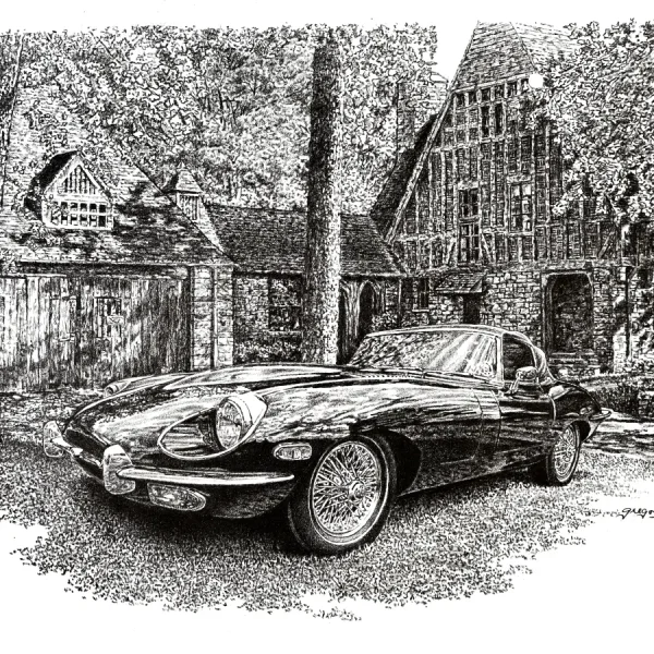 1970 Jaguar XKE inf front of an English Cottage drawing in Pencil graphite