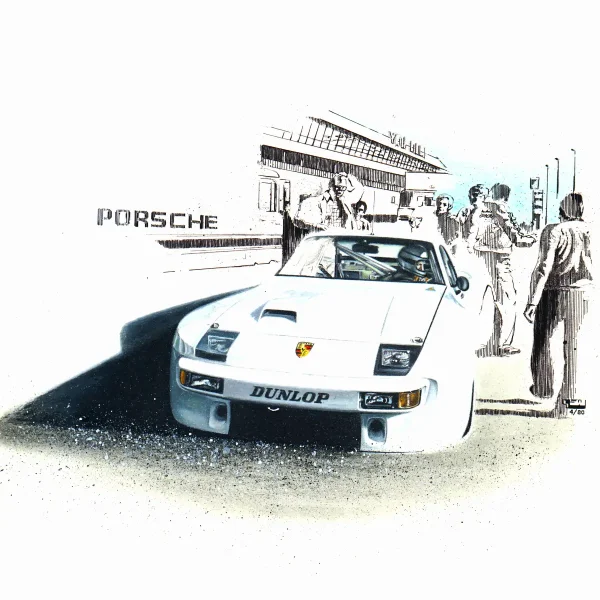 1980 Porsche with a Paul Ricard Prototype: 924 Carrera GT fine art Illustration created in Graphite Pencil & Ink