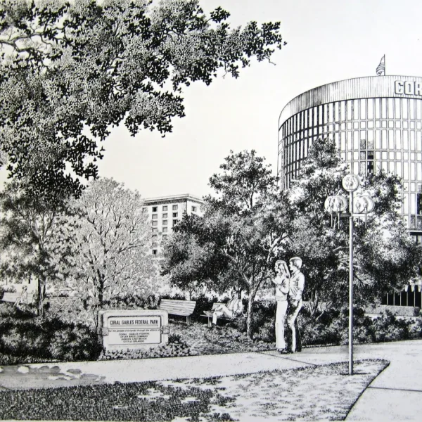Pen and ink architectural rendering of a park in front of the cylindrical Coral Gables Federal Bank building in Orlando, Florida,