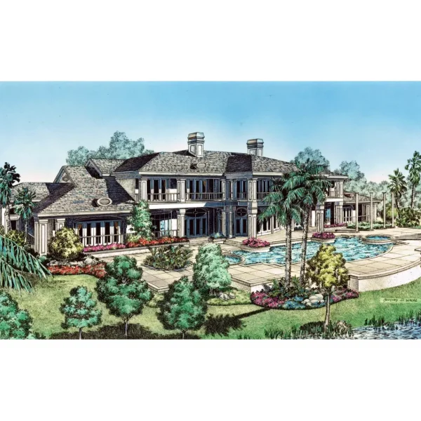 Mixed media architectural rendering of the rear view and pool deck of a luxury Isleworth estate in Windermere, Florida