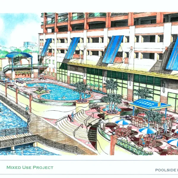 Mixed-media architectural rendering of the Monaco pool deck and marina featuring blue awnings, sun loungers, and tropical landscaping.