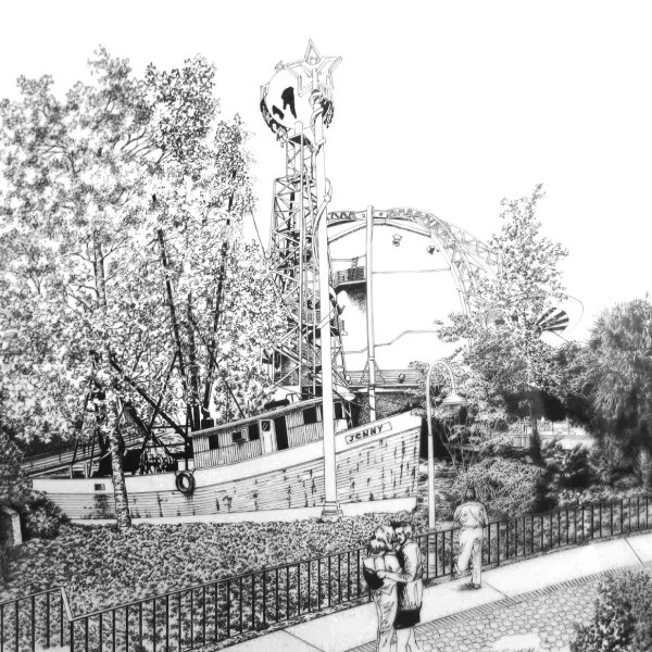 Pen and ink architectural rendering of the Jenny shrimp boat from Forrest Gump proposed for Planet Hollywood at Walt Disney World.
