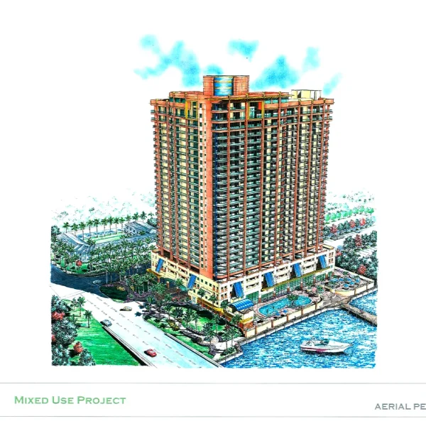 Aerial mixed-media architectural rendering of the Monaco high-rise featuring a marina, pool deck, and waterfront views.