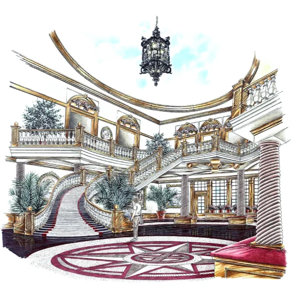 Mixed-media architectural rendering of a grand clubhouse lobby in DeLand, Florida, featuring a sweeping staircase and luxury interior design.