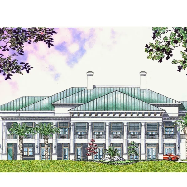 Mixed-media architectural rendering of a white golf clubhouse in DeLand, Florida, featuring a green metal roof and palm trees.