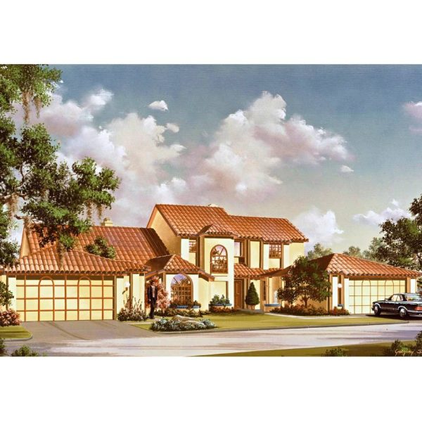 Architectural gouache rendering of a Spanish Revival duplex in Orlando, Florida, featuring a tile roof and tropical landscaping