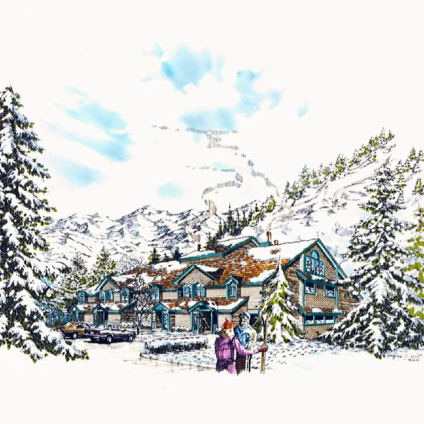 Mixed-media architectural rendering of a snow-covered Colorado ski club house with mountains and evergreens.