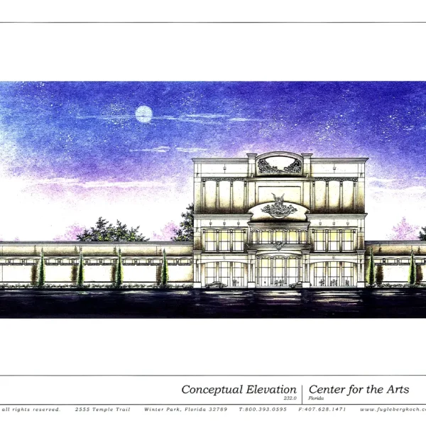 Mixed-media architectural rendering of the Center for the Arts in Casselberry, Florida, featuring a neoclassical facade under a starlit purple sky.