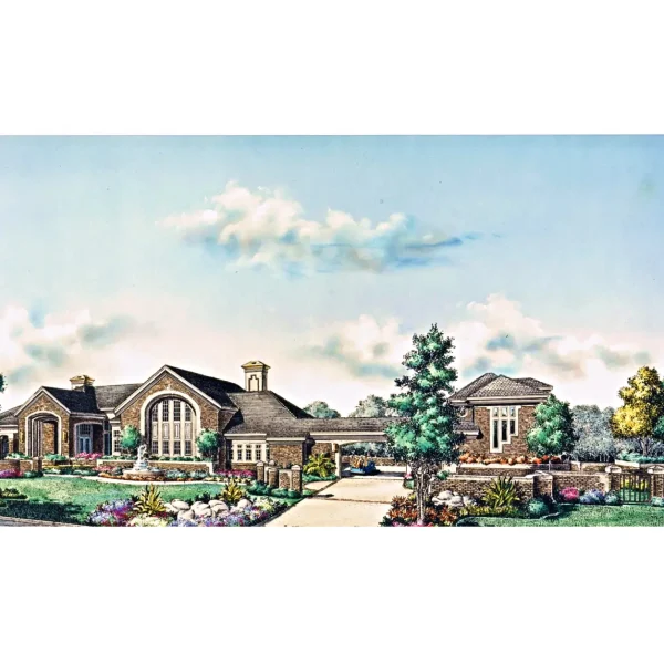 Architectural front view gouache rendering of a Spanish Revival duplex in Orlando, Florida, featuring a tile roof and tropical landscaping.