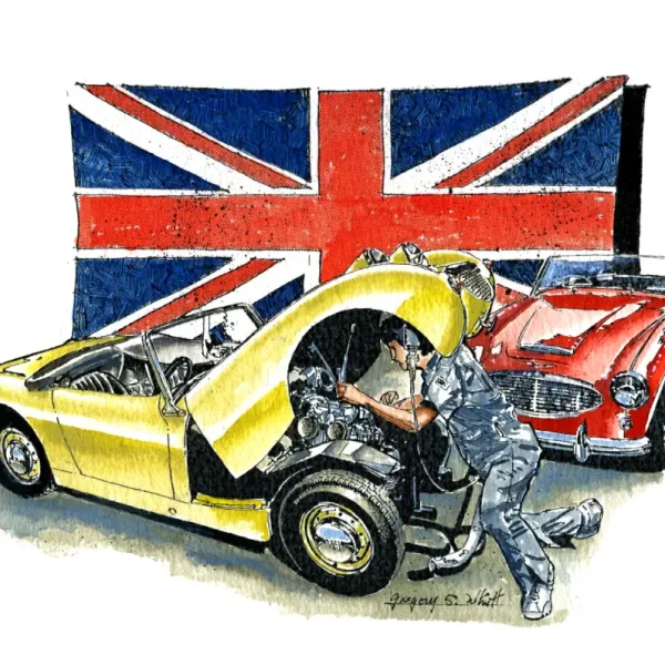 Spirit of Britain IS A Austin-Healey 3000 & Bugeye Sprite Fine Art Created in Pen, Ink & Watercolor