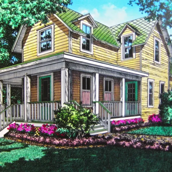 Mixed-media architectural rendering of a yellow two-story house in College Park, Florida, featuring a green roof, wrap-around porch, and pink flowers.