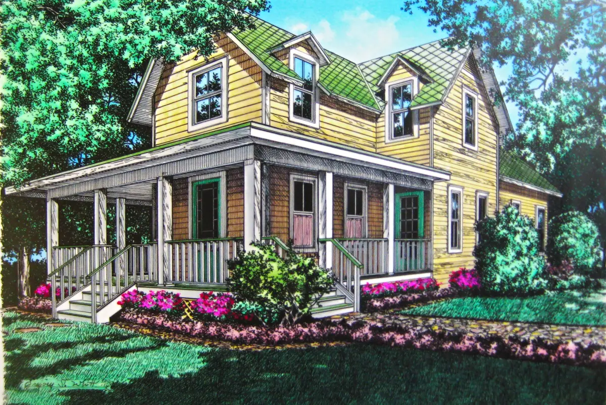 Mixed-media architectural rendering of a yellow two-story house in College Park, Florida, featuring a green roof, wrap-around porch, and pink flowers.