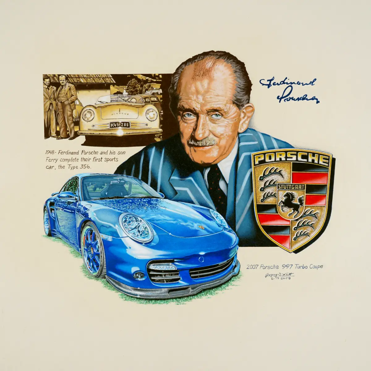 Portrait of Ferdinand Porsche with a 356 Sports Car and 2007 Porsche 997 Turbo Coupe – Colored Pencil Illustration Fine Art