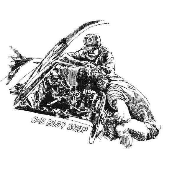Autocross Pit Stop This Fiat 850 Spyder in the Workshop"– Original Pen & Ink Illustration