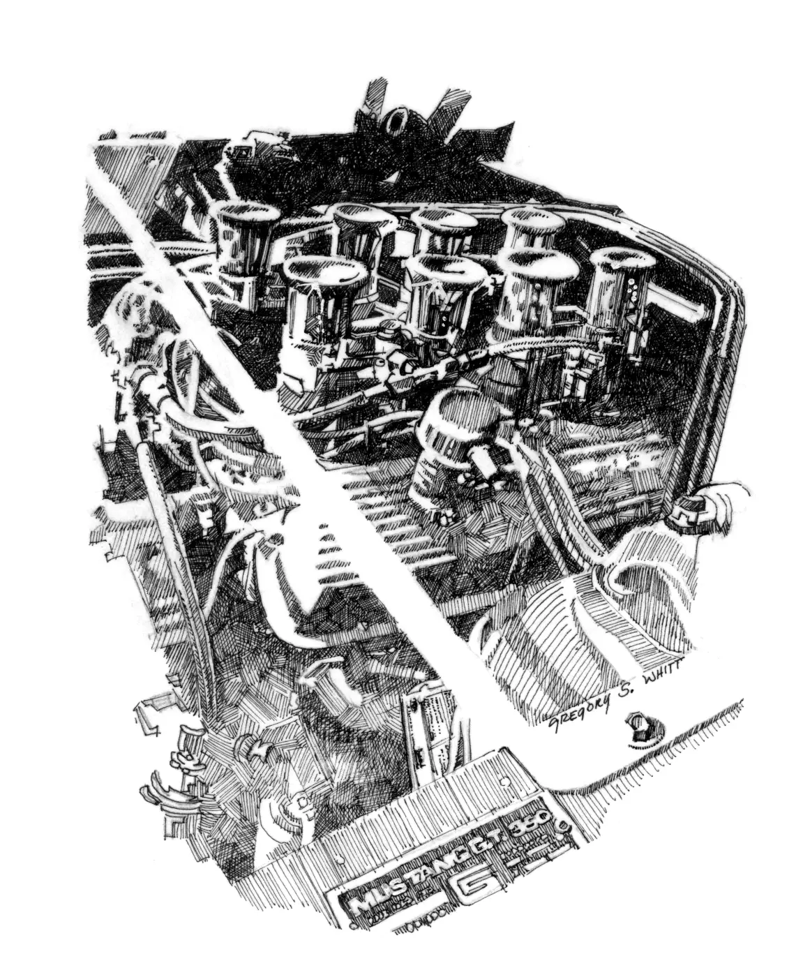 "This is Called The Shelby's Heart displaying a Ford 289 V8 Racing Engine drawing fine art in Original Pen & Ink Illustration