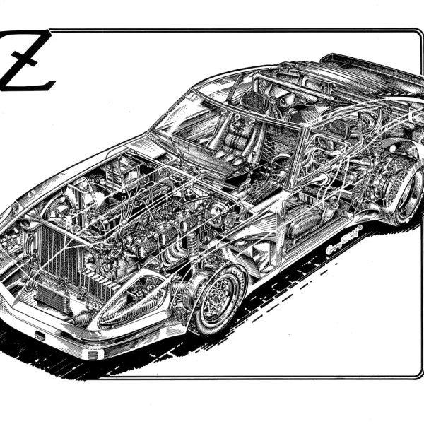 Ghost Rendering of the 1972 Datsun 240 Z Pen & Ink Illustration