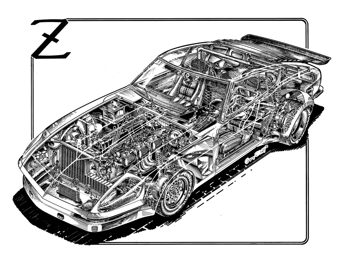 Ghost Rendering of the 1972 Datsun 240 Z Pen & Ink Illustration