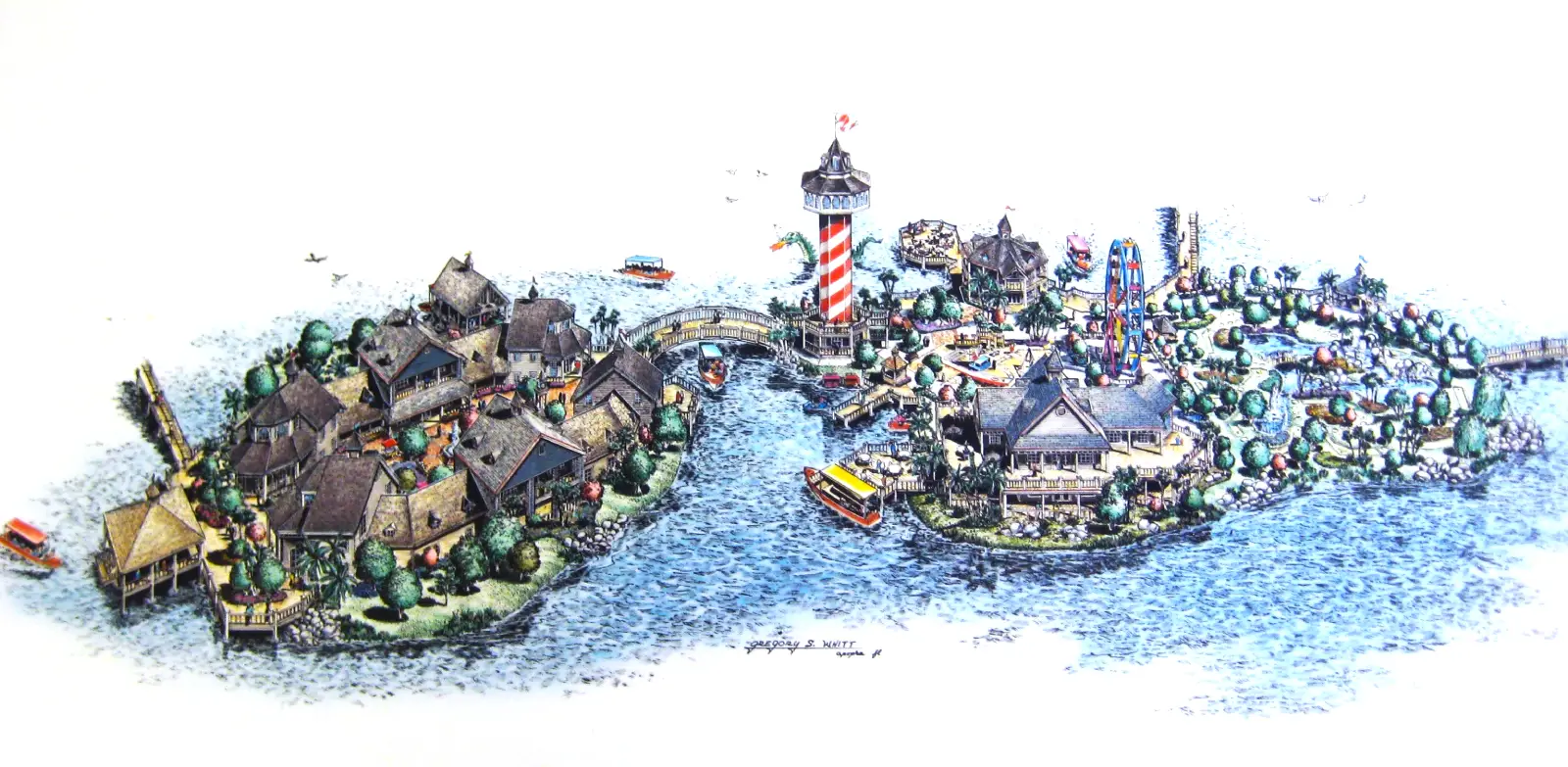 Aerial mixed-media architectural rendering of the Golf World proposal in Kissimmee, Florida, featuring a lighthouse, marina, villas, and a Ferris wheel.