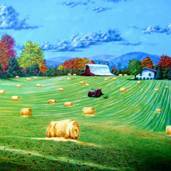 This oil painting by Gregory S. Whitt features the rolling green hills surrounding the artist's home in East Tennessee.