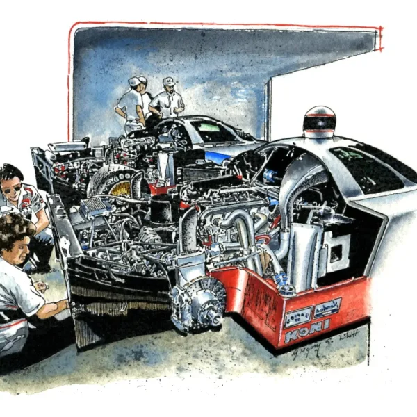 Called the "Midnight Service at Daytona 24 Hours Race Track" created in Pen, Ink & Watercolor Illustration