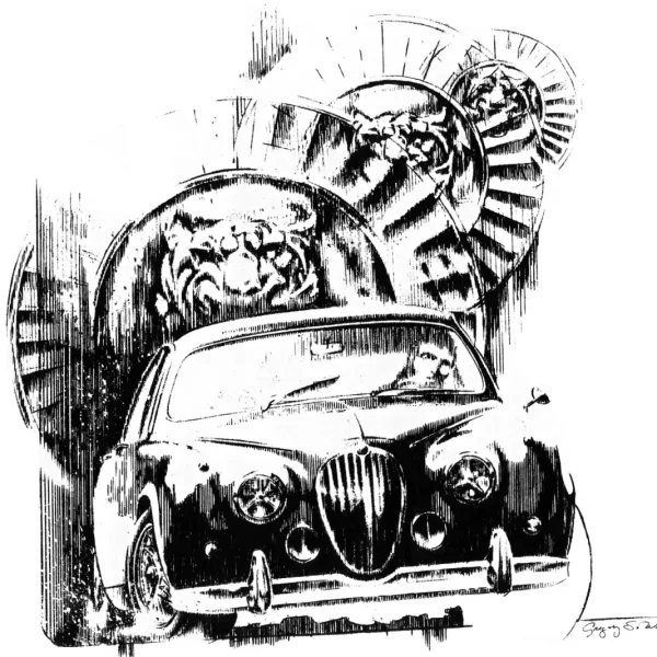 Called the "The Graceful Predator" This Jaguar Mark 2 Sedan is an original signe d artwork created in Original Bic Pen Illustration