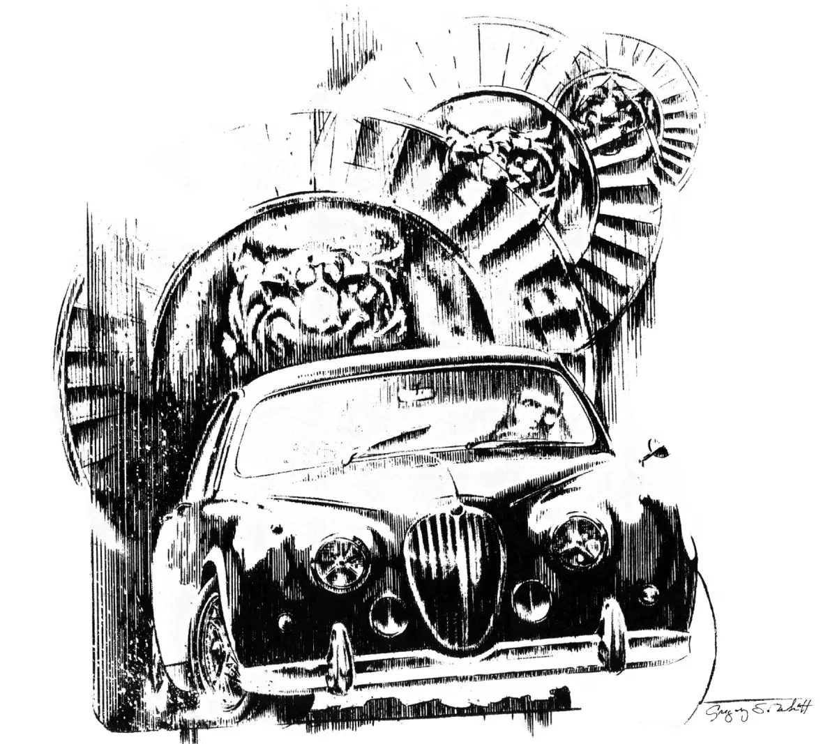 Called the "The Graceful Predator" This Jaguar Mark 2 Sedan is an original signe d artwork created in Original Bic Pen Illustration
