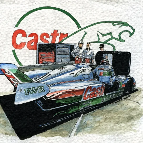 Jaguar XJR-9 at Daytona Victory Lane Vision created in Pen and ink and watercolor