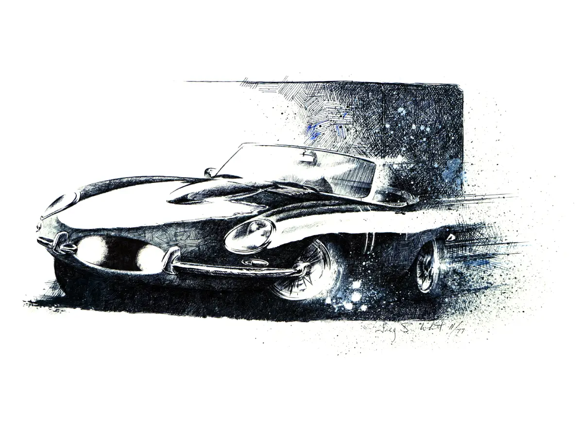 The Aerodynamic Jaguar XKE Created in Original Bic Pen Illustration