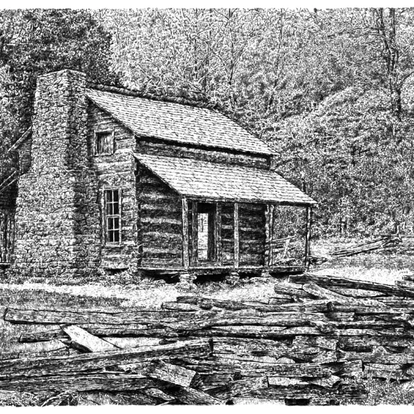 John Oliver's Cabin in Cades Cove, Great Smoky Mountains Graphite Tonal Pencil Art