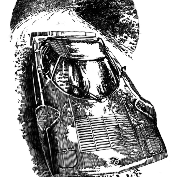 This Rally Wedge Race Cars is a Lancia Stratos HF created in Original Pen & Ink Illustration
