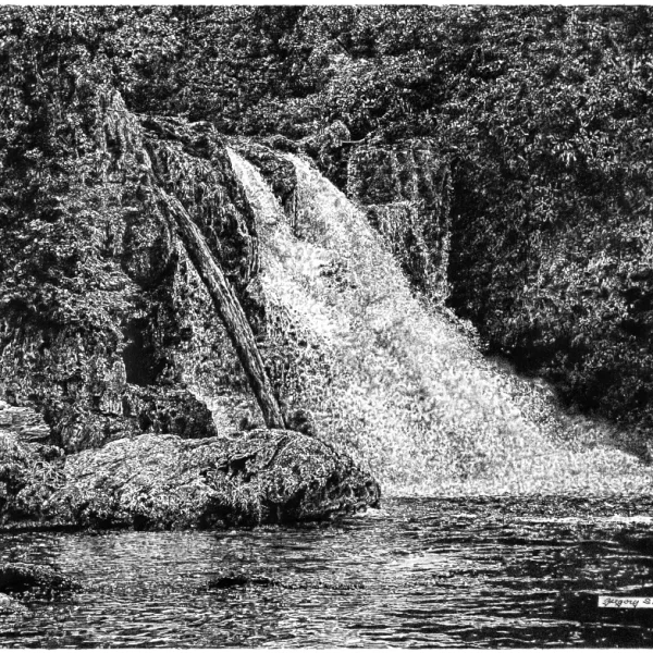 Laurel Falls in the Great Smoky Mountains in graphite pencil using tonal style