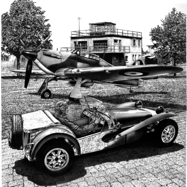 Lotus Super 7 with the Hawker Hurricane Fine Art Pencil Drawing