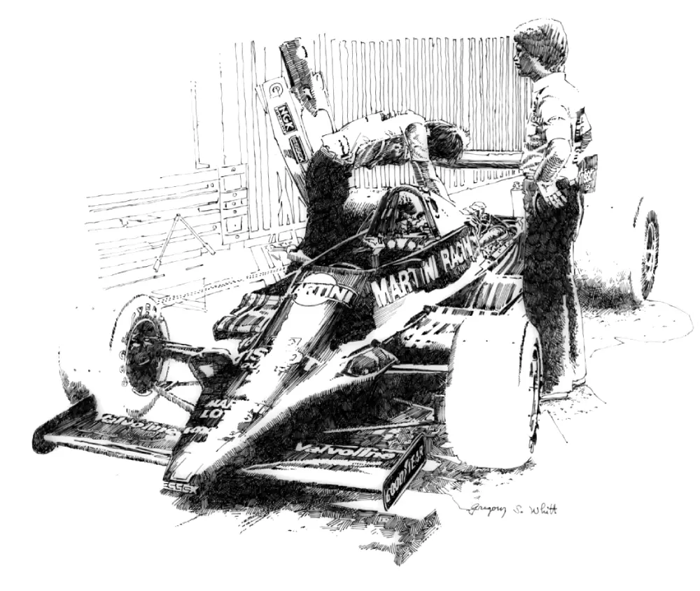 Mario Andretti's Lotus Martini-Rossi 79 Formula 1 created in Pen & Ink Illustration