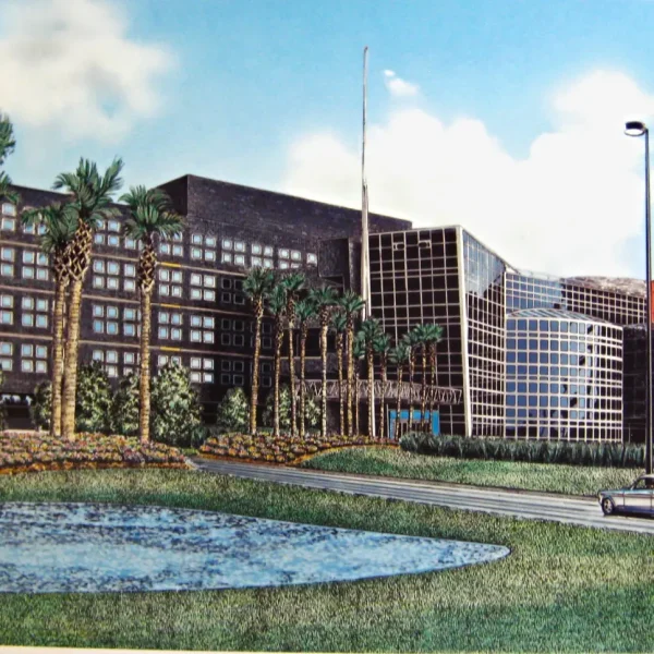 Mixed-media architectural rendering of Orlando Health Central Hospital in Ocoee, Florida, featuring modern glass architecture, a fountain, and tropical landscaping.