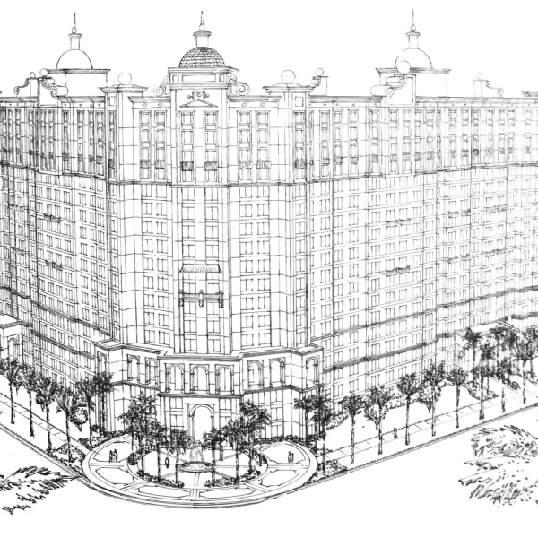 Aerial pen and ink architectural rendering of a high-rise hotel in Kissimmee, Florida, featuring neoclassical domes and a circular entry fountain.