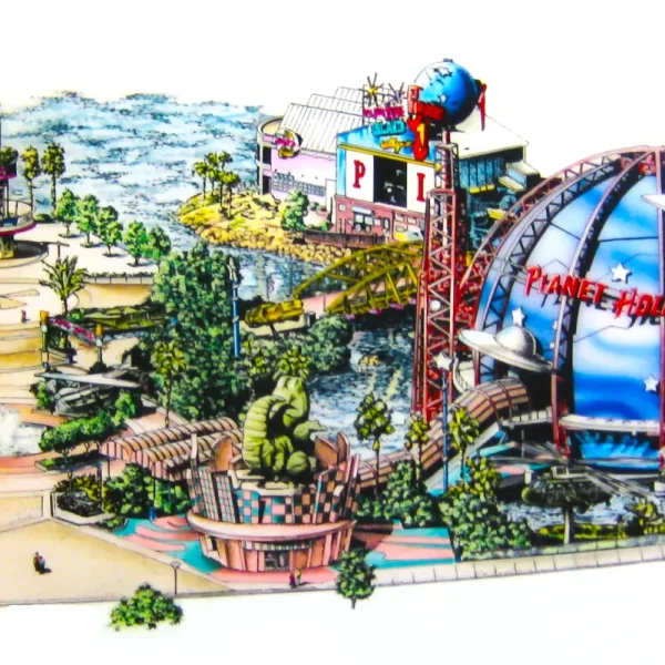 Aerial mixed-media architectural rendering of the Planet Hollywood proposal at Walt Disney World featuring a blue dome and various movie props.