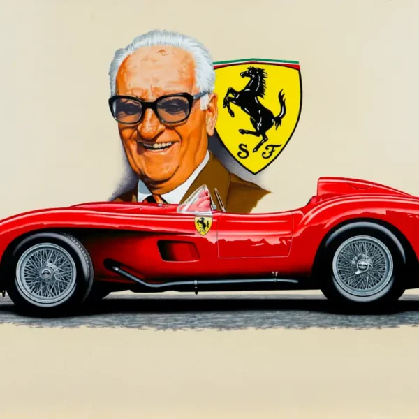 Il Commendatore: Enzo Ferrari & 250 Testa Rossa Colored Pencil Illustration Portrait Art