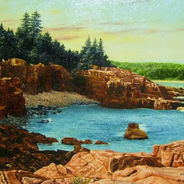 Oil painting of the rocky Maine coast in Acadia National Park featuring pink granite cliffs, blue water, and evergreen trees Oil Painting