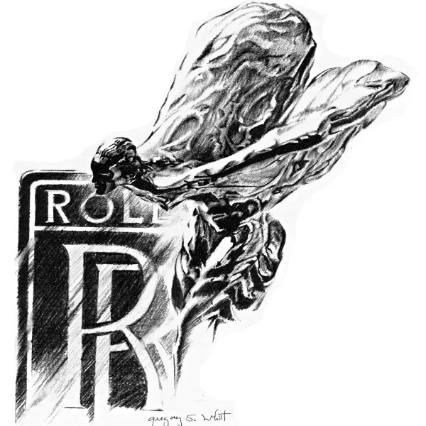 This is a The Flying Lady: Rolls-Royce Spirit of Ecstasy Hood Ornament created in Pencil as a Illustration Art Piece
