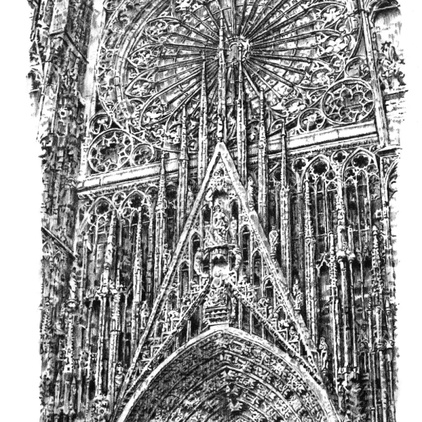 Rosary and Entrance to the Strasbourg Cathedral in Strasbourg, France drawing in the Original Fine Art Pencil Illustration Medium